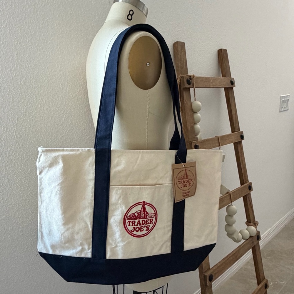 Trader Joe's Classic Large Cream and Dark Blue/Black Reusable Tote Bag
